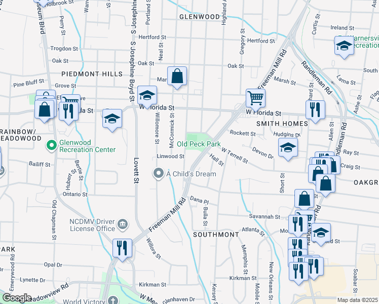 map of restaurants, bars, coffee shops, grocery stores, and more near 1908 Freeman Mill Road in Greensboro