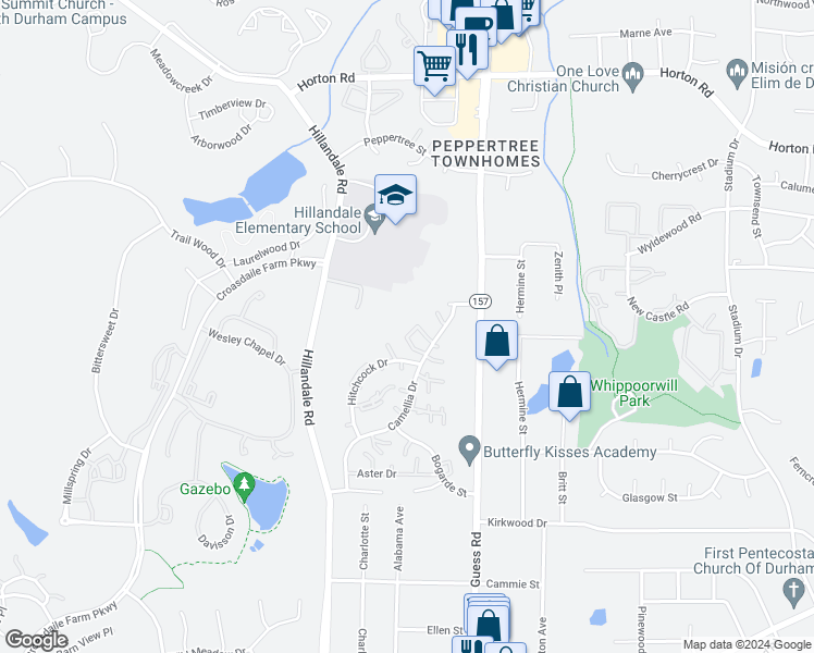 map of restaurants, bars, coffee shops, grocery stores, and more near 44 Justin Court in Durham
