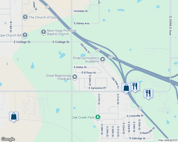 map of restaurants, bars, coffee shops, grocery stores, and more near 2608 East El Paso Street in Broken Arrow