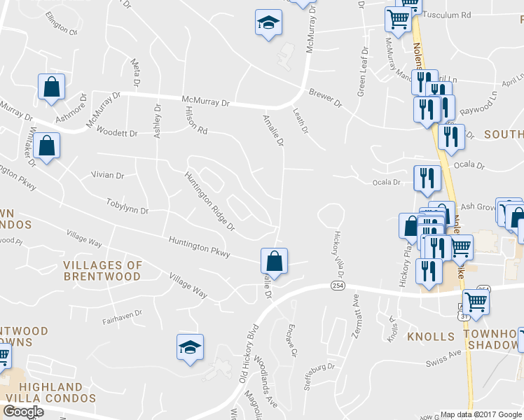 map of restaurants, bars, coffee shops, grocery stores, and more near 519 Huntington Ridge Drive in Nashville