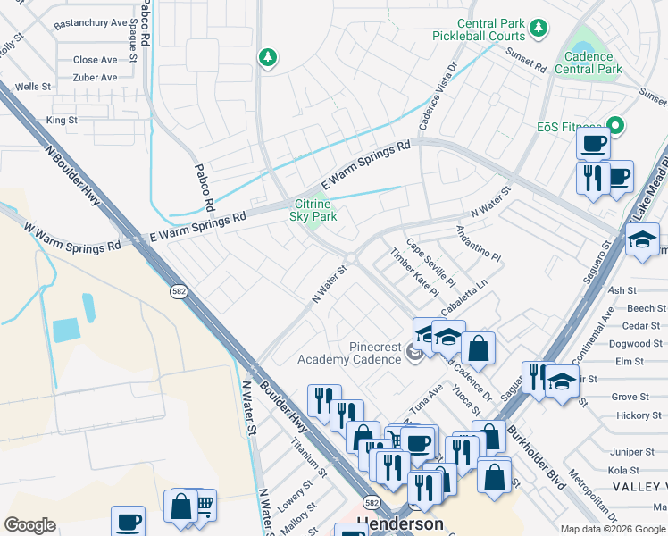 map of restaurants, bars, coffee shops, grocery stores, and more near 657 North Water Street in Henderson