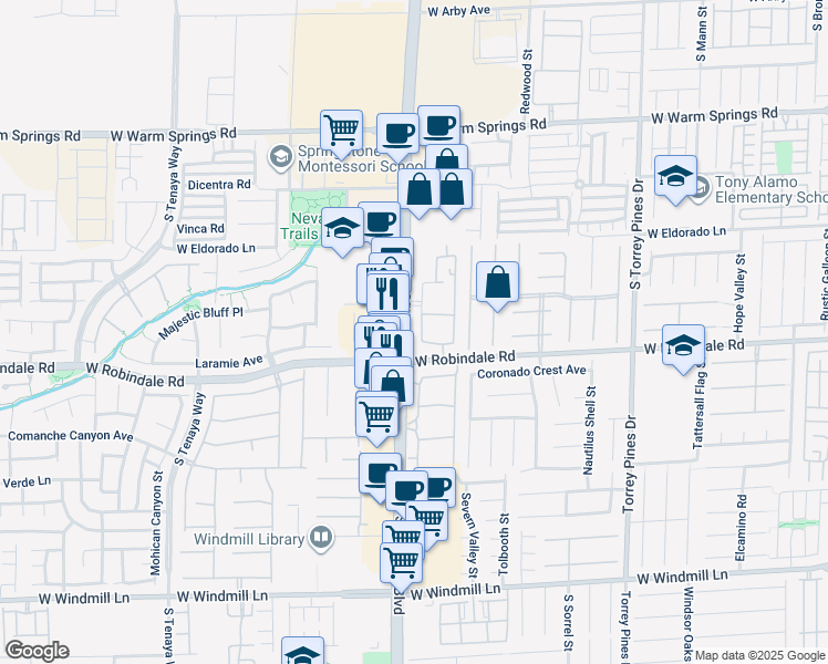 map of restaurants, bars, coffee shops, grocery stores, and more near 7600 South Rainbow Boulevard in Las Vegas