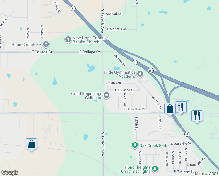 map of restaurants, bars, coffee shops, grocery stores, and more near 2512 East El Paso Street in Broken Arrow