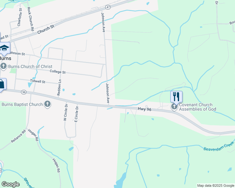 map of restaurants, bars, coffee shops, grocery stores, and more near 110 Fulgem Cemetery Road in Burns