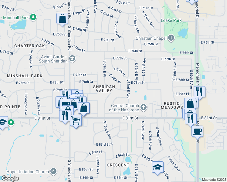 map of restaurants, bars, coffee shops, grocery stores, and more near 7811 South 70th East Avenue in Tulsa