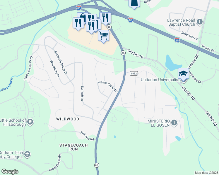 map of restaurants, bars, coffee shops, grocery stores, and more near 2401 Charles Tew Court in Hillsborough