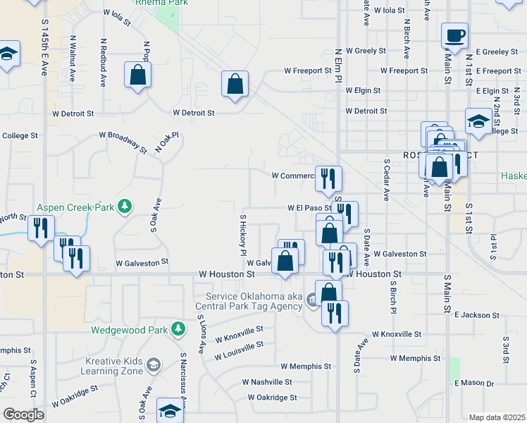 map of restaurants, bars, coffee shops, grocery stores, and more near 917 West El Paso Street in Broken Arrow
