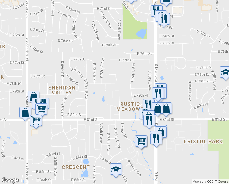 map of restaurants, bars, coffee shops, grocery stores, and more near 7905 South 76th East Avenue in Tulsa