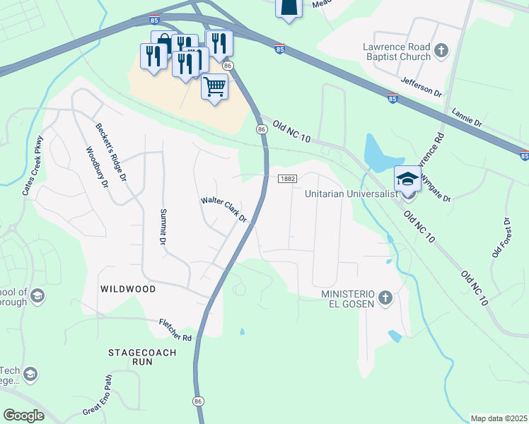 map of restaurants, bars, coffee shops, grocery stores, and more near 2322 North Carolina 86 in Hillsborough
