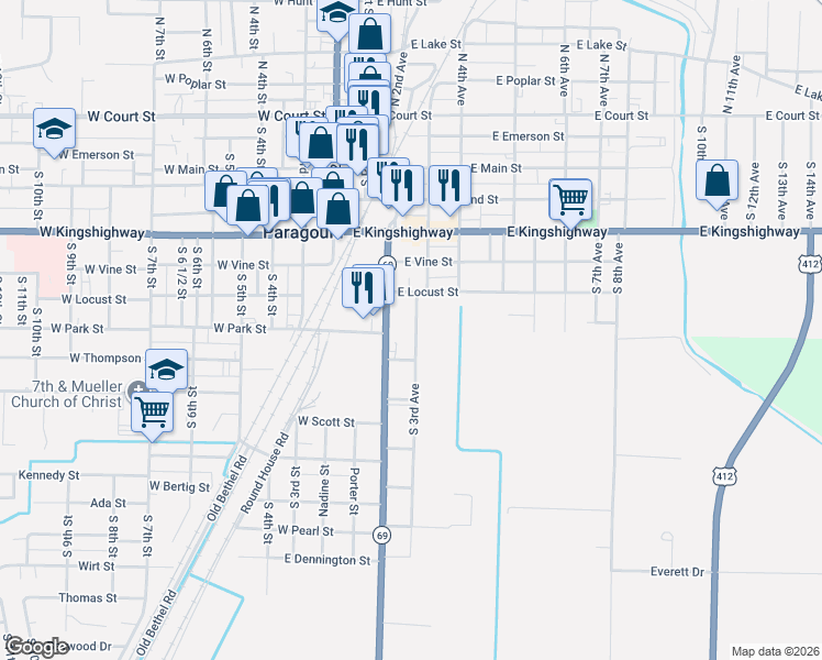 map of restaurants, bars, coffee shops, grocery stores, and more near 725 South 3rd Avenue in Paragould