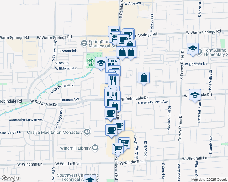 map of restaurants, bars, coffee shops, grocery stores, and more near 7645 South Rainbow Boulevard in Las Vegas