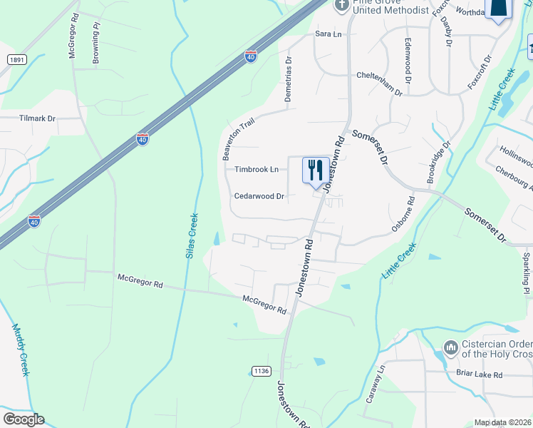 map of restaurants, bars, coffee shops, grocery stores, and more near 1249 Beaverton Trail in Winston-Salem