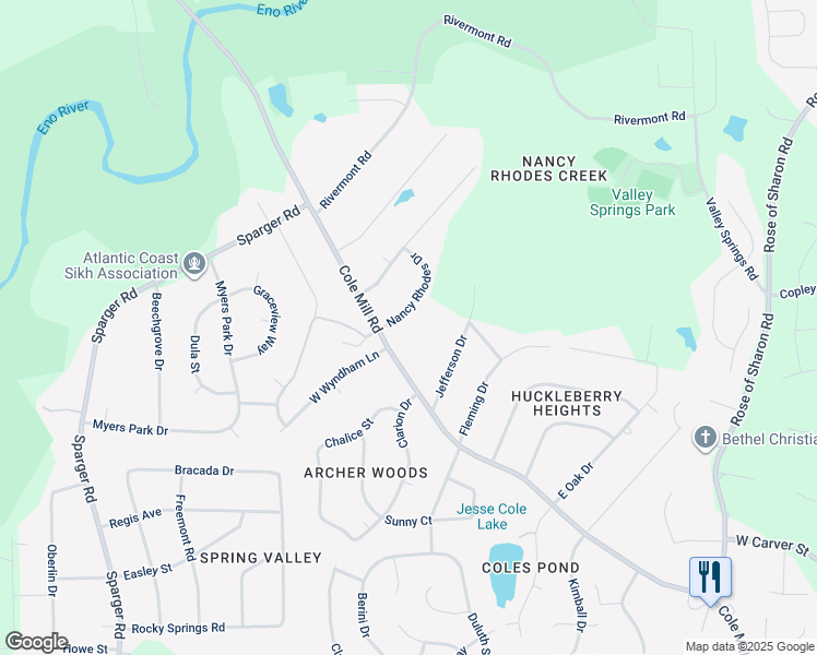 map of restaurants, bars, coffee shops, grocery stores, and more near 109 Nancy Rhodes Drive in Durham
