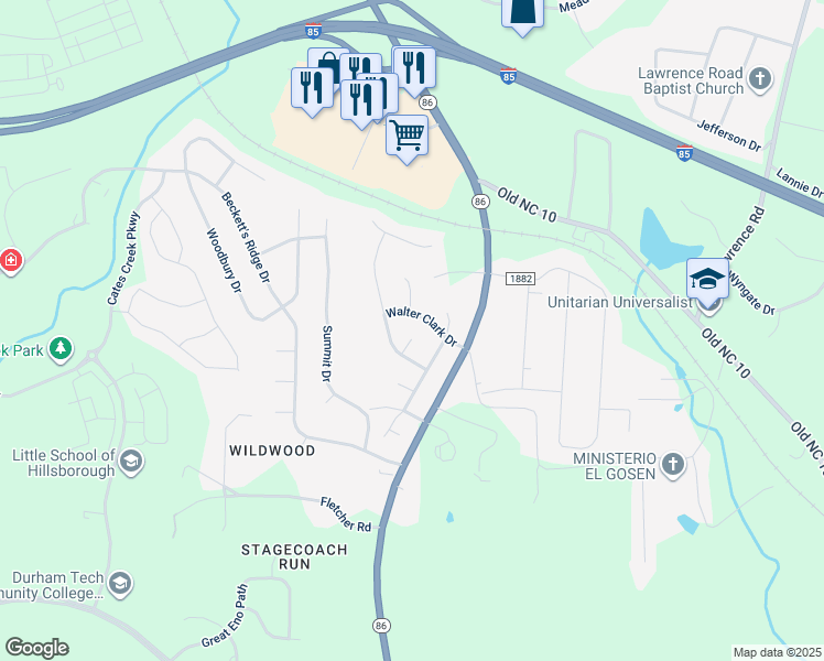 map of restaurants, bars, coffee shops, grocery stores, and more near 2401 Charles Tew Court in Hillsborough