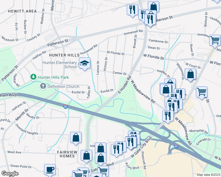 map of restaurants, bars, coffee shops, grocery stores, and more near 3204 Euclid Street in Greensboro