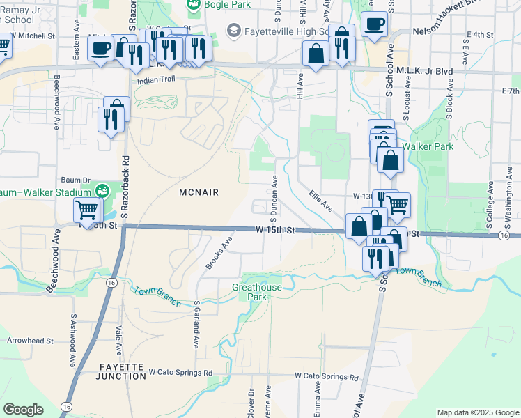 map of restaurants, bars, coffee shops, grocery stores, and more near 1327 S Duncan Ave in Fayetteville