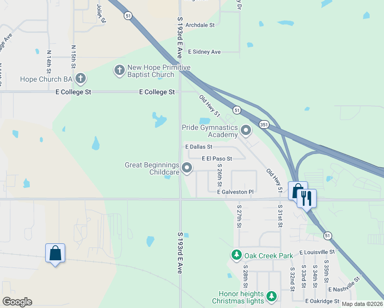 map of restaurants, bars, coffee shops, grocery stores, and more near 2512 East El Paso Street in Broken Arrow
