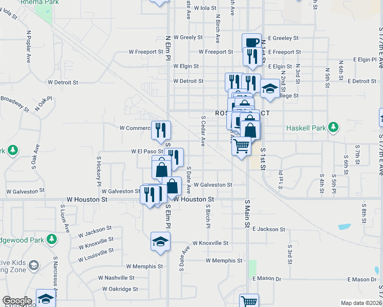 map of restaurants, bars, coffee shops, grocery stores, and more near 504 West El Paso Street in Broken Arrow