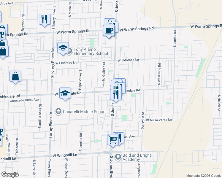 map of restaurants, bars, coffee shops, grocery stores, and more near 7688 Sandhaven in Las Vegas