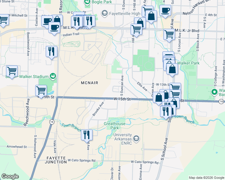 map of restaurants, bars, coffee shops, grocery stores, and more near 1327 South Duncan Avenue in Fayetteville