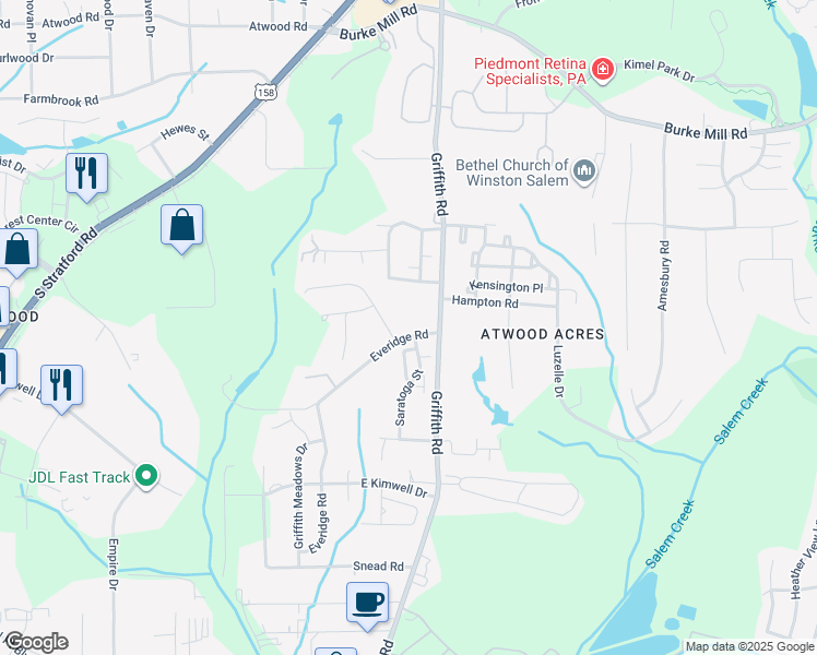 map of restaurants, bars, coffee shops, grocery stores, and more near 476 Everidge Road in Winston-Salem