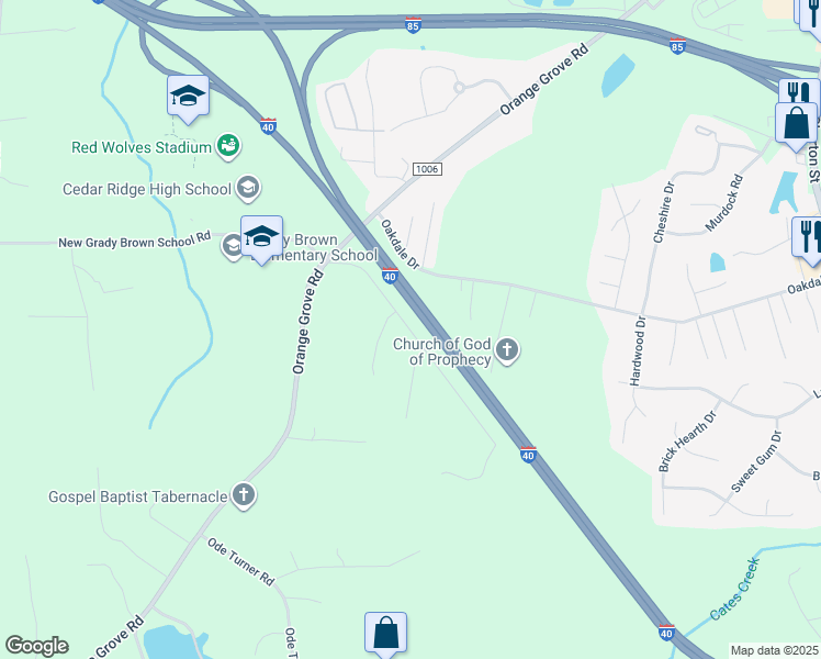 map of restaurants, bars, coffee shops, grocery stores, and more near New Grady Brown School Road in Hillsborough