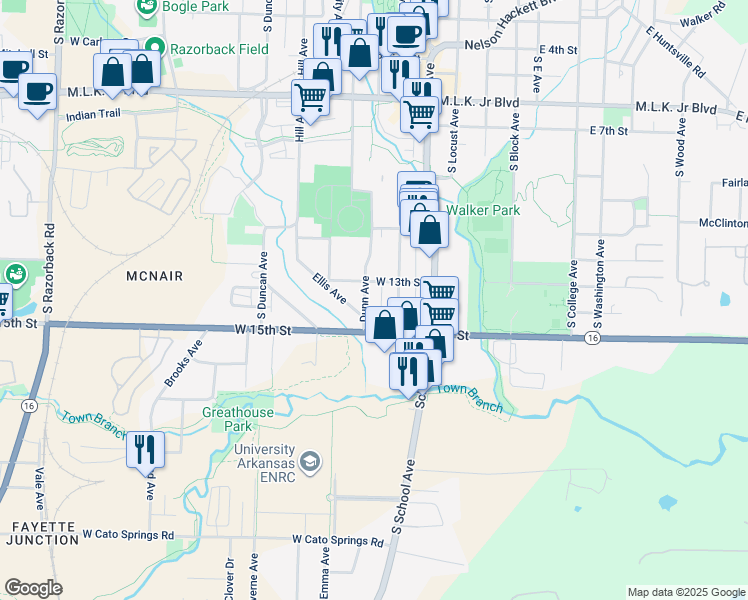map of restaurants, bars, coffee shops, grocery stores, and more near 1332 Dunn Ave in Fayetteville