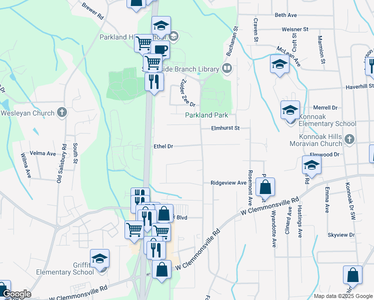 map of restaurants, bars, coffee shops, grocery stores, and more near 1614 Ethel Drive in Winston-Salem