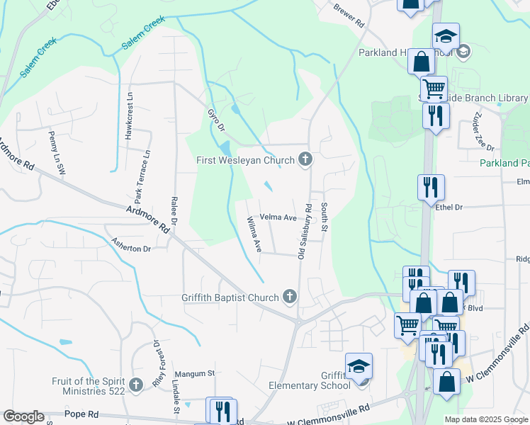 map of restaurants, bars, coffee shops, grocery stores, and more near 1723 Velma Avenue in Winston-Salem