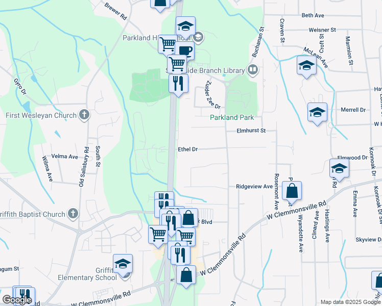 map of restaurants, bars, coffee shops, grocery stores, and more near 1642 Ethel Drive in Winston-Salem