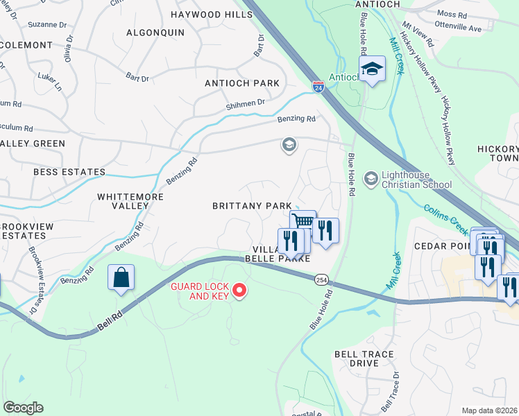 map of restaurants, bars, coffee shops, grocery stores, and more near 1029 Brittany Park Drive in Nashville