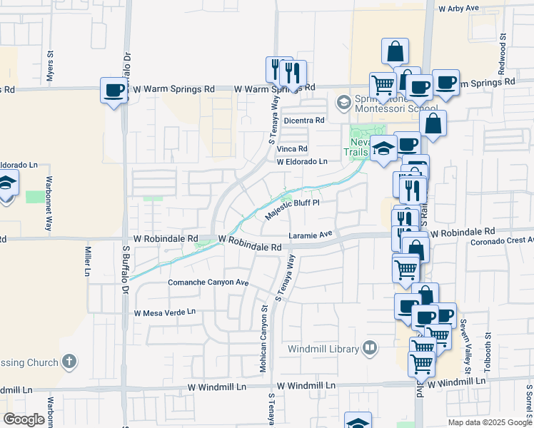 map of restaurants, bars, coffee shops, grocery stores, and more near 7358 Majestic Bluff Place in Las Vegas