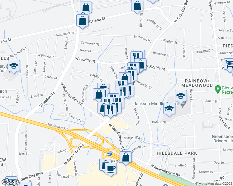 map of restaurants, bars, coffee shops, grocery stores, and more near 2913 Wildwood Drive in Greensboro