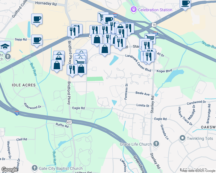 map of restaurants, bars, coffee shops, grocery stores, and more near 275 Malamute Lane in Greensboro