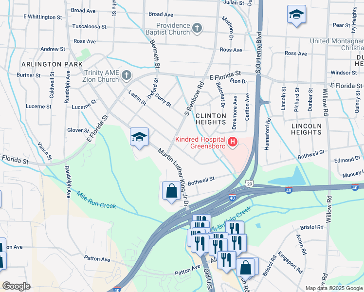 map of restaurants, bars, coffee shops, grocery stores, and more near 2108 Finley Street in Greensboro