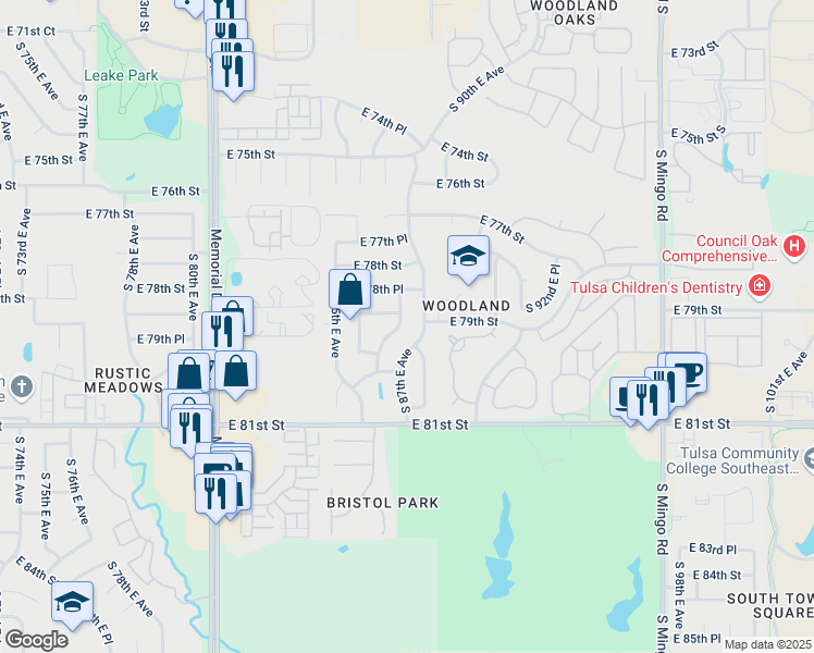 map of restaurants, bars, coffee shops, grocery stores, and more near 7913 South 86th East Place in Tulsa