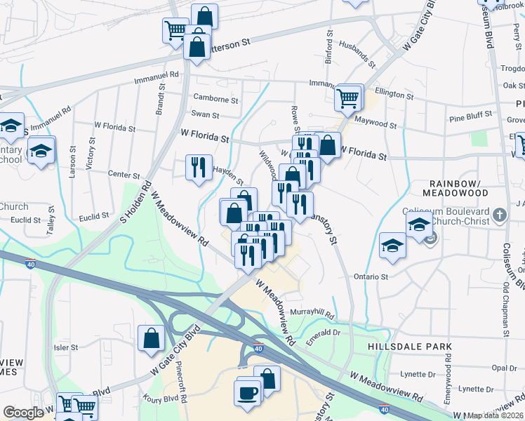 map of restaurants, bars, coffee shops, grocery stores, and more near 2912 Wildwood Drive in Greensboro