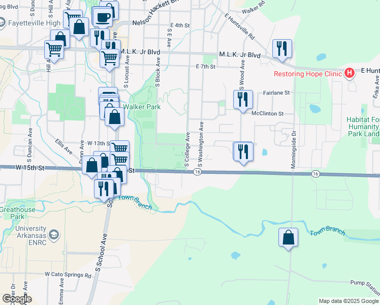 map of restaurants, bars, coffee shops, grocery stores, and more near 1320 South College Avenue in Fayetteville