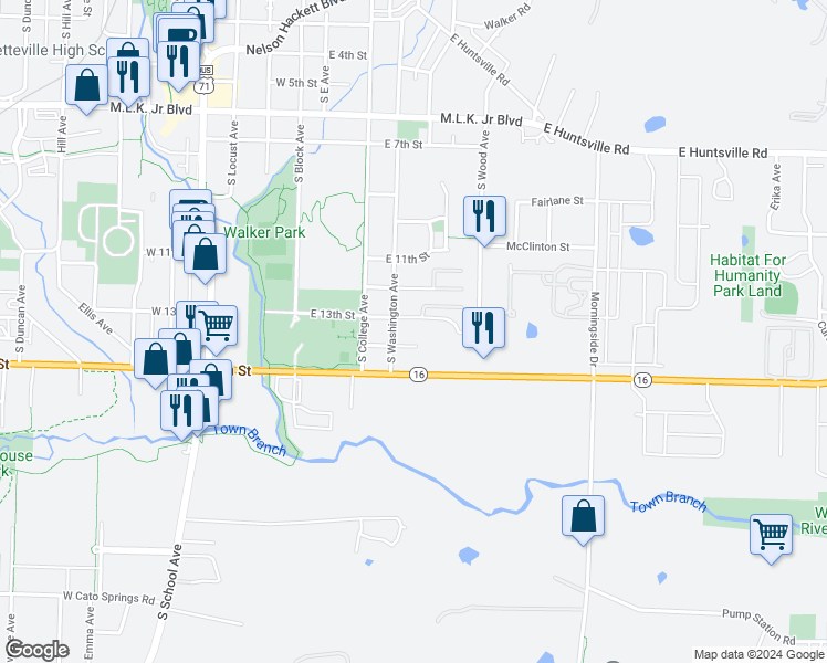 map of restaurants, bars, coffee shops, grocery stores, and more near 223 East 13th Street in Fayetteville