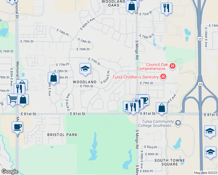 map of restaurants, bars, coffee shops, grocery stores, and more near 7876 South 95th East Avenue in Tulsa