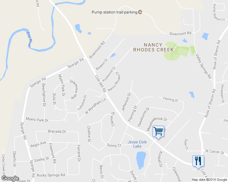 map of restaurants, bars, coffee shops, grocery stores, and more near 109 Nancy Rhodes Drive in Durham