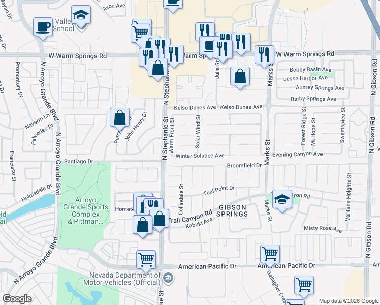 map of restaurants, bars, coffee shops, grocery stores, and more near 1362 Winter Solstice Avenue in Henderson