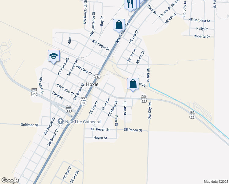 map of restaurants, bars, coffee shops, grocery stores, and more near 207 Southeast 3rd Street in Hoxie