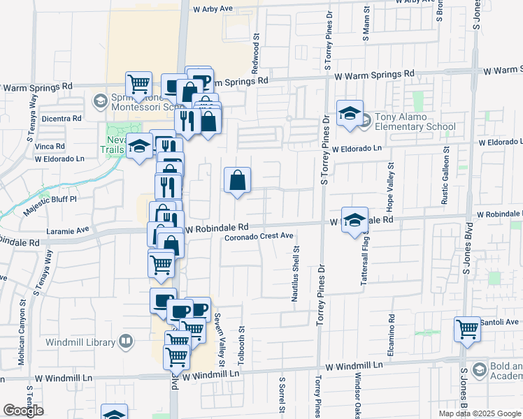 map of restaurants, bars, coffee shops, grocery stores, and more near 6672 Coronado Palms Avenue in Las Vegas