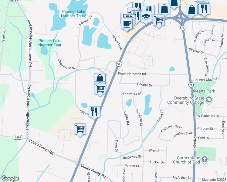 map of restaurants, bars, coffee shops, grocery stores, and more near 1260 Thorntree Drive in Dyersburg