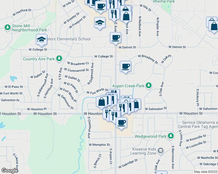map of restaurants, bars, coffee shops, grocery stores, and more near 408 South Beech Avenue in Broken Arrow