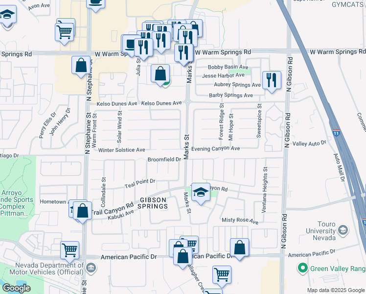 map of restaurants, bars, coffee shops, grocery stores, and more near 304 Coral Fountain Street in Henderson