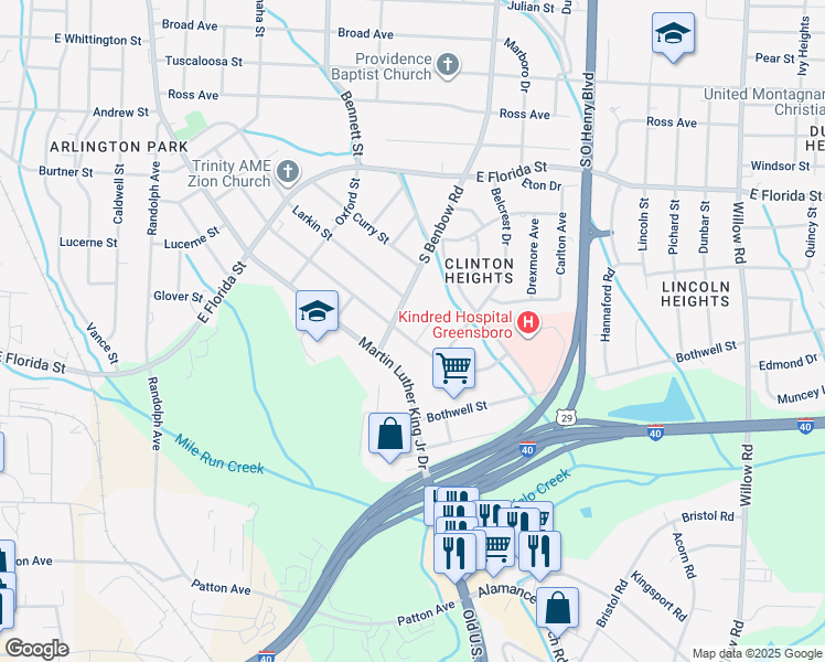 map of restaurants, bars, coffee shops, grocery stores, and more near 2108 Finley Street in Greensboro