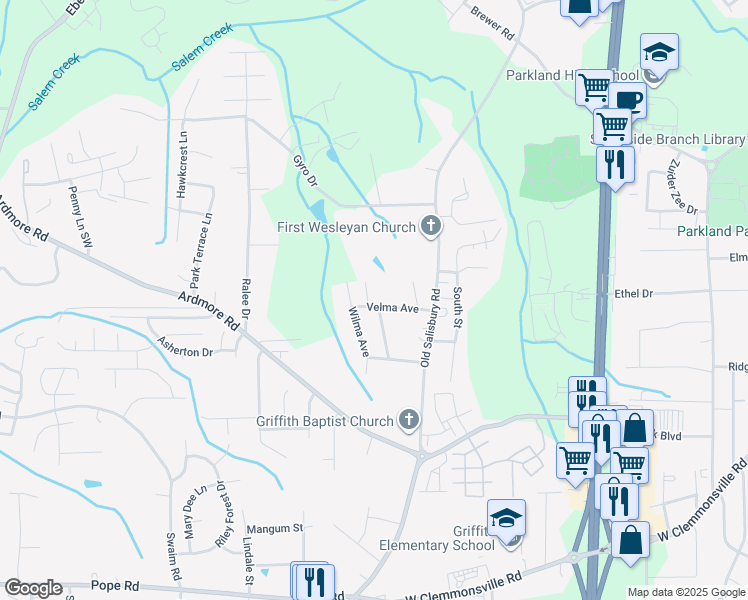 map of restaurants, bars, coffee shops, grocery stores, and more near 1723 Velma Avenue in Winston-Salem