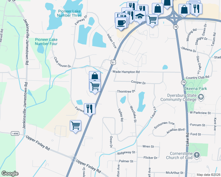 map of restaurants, bars, coffee shops, grocery stores, and more near 1260 Thorntree Drive in Dyersburg